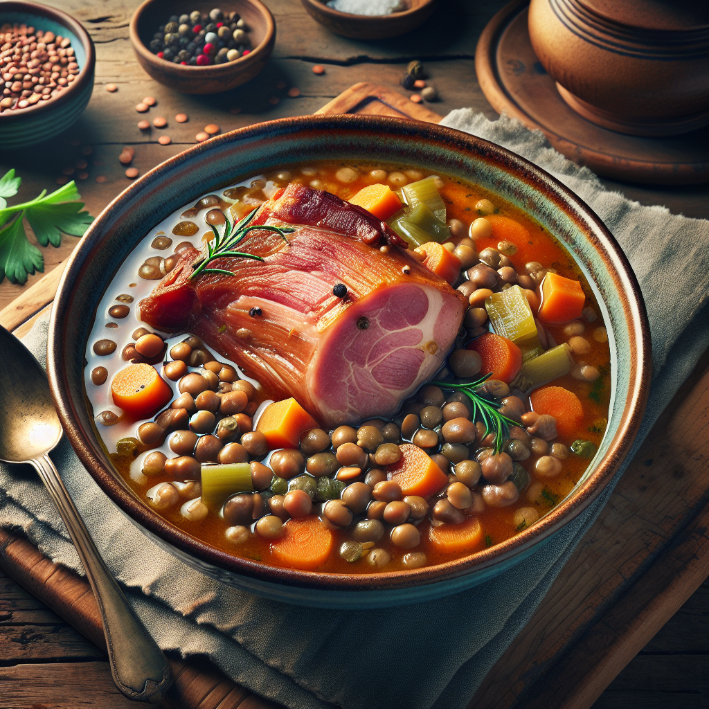 Deliciously Hearty Lentil and Ham Hock Stew – A Comforting Bowl of Goodness!